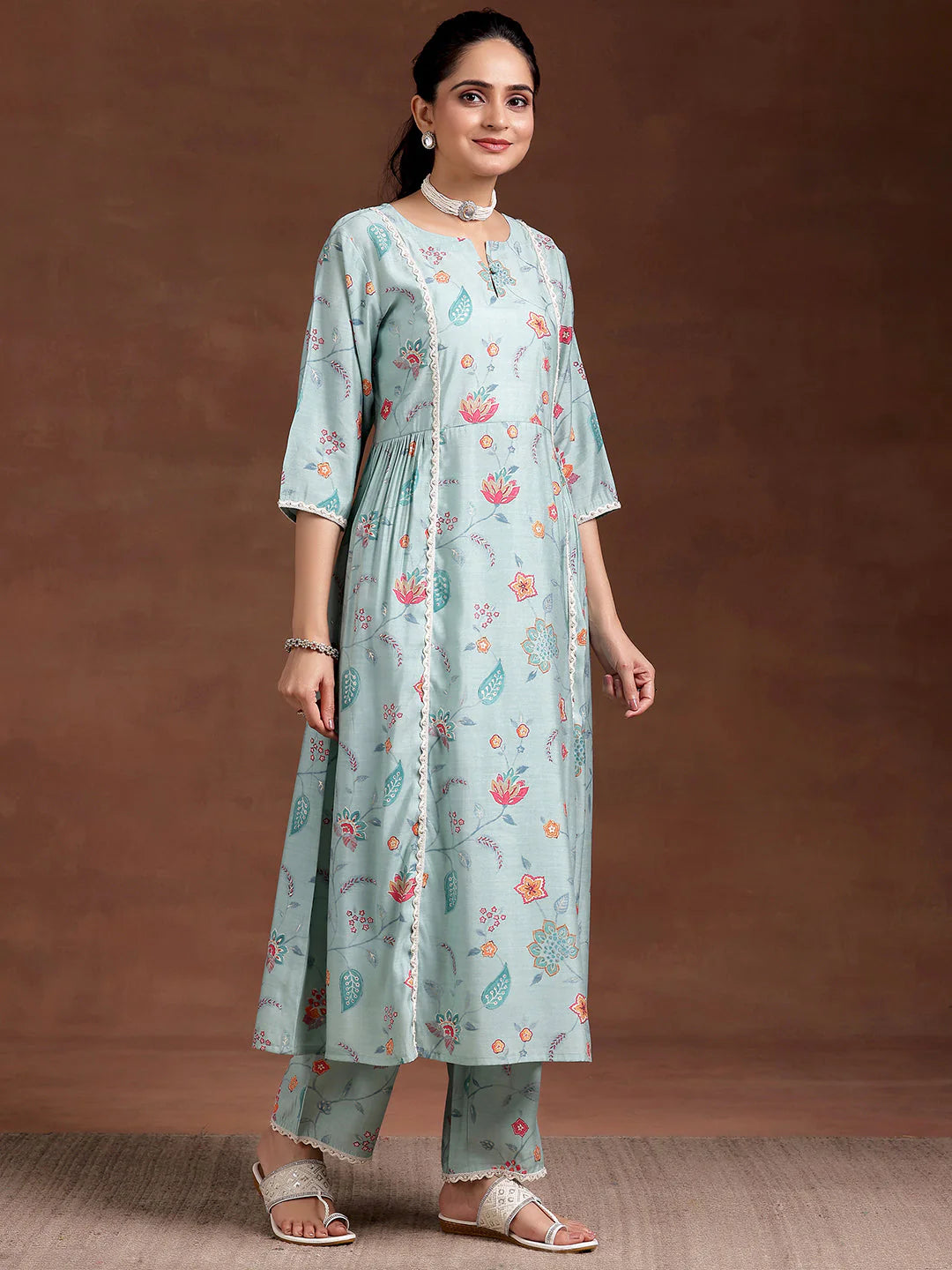 Blue Printed Silk Blend A-Line Kurta with Trousers