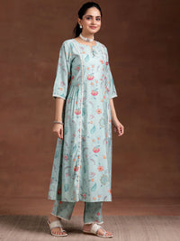 Blue Printed Silk Blend A-Line Kurta with Trousers
