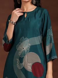 Teal Printed Silk Blend Straight Suit with Dupatta