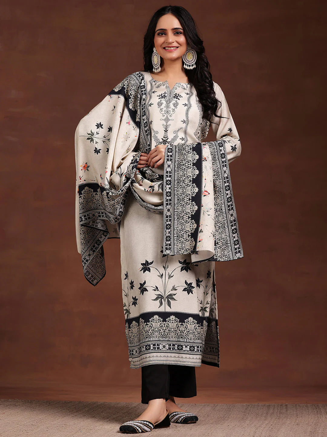 Monochrome Printed Silk Blend Straight Suit with Dupatta