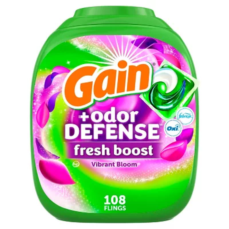 Gain Flings! Odor Defense Fresh Boost Laundry Detergent Pacs, Vibrant Bloom, 108 Ct.