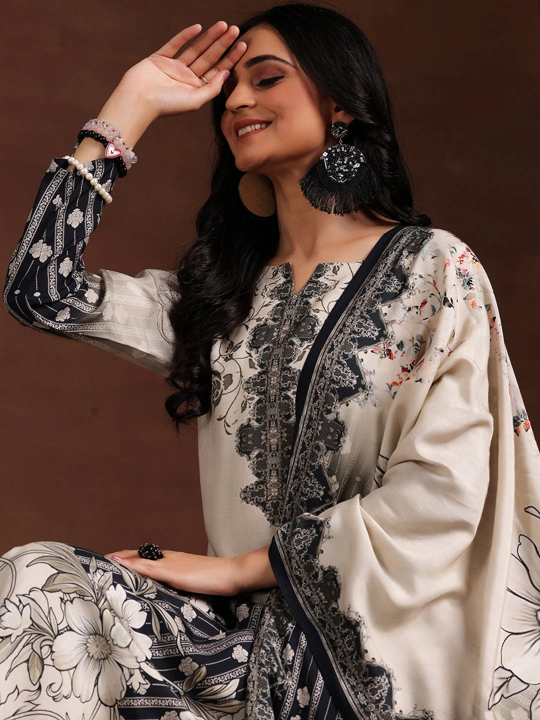 Monochrome Printed Silk Blend Straight Suit with Dupatta