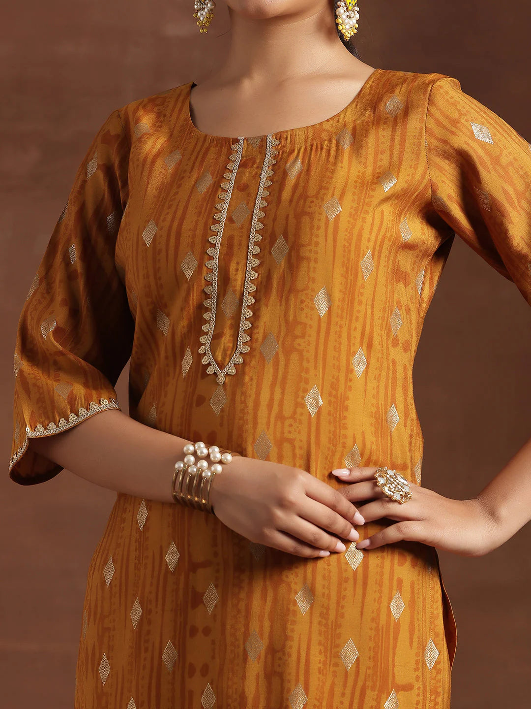 Mustard Woven Design Silk Blend Straight Suit with Dupatta