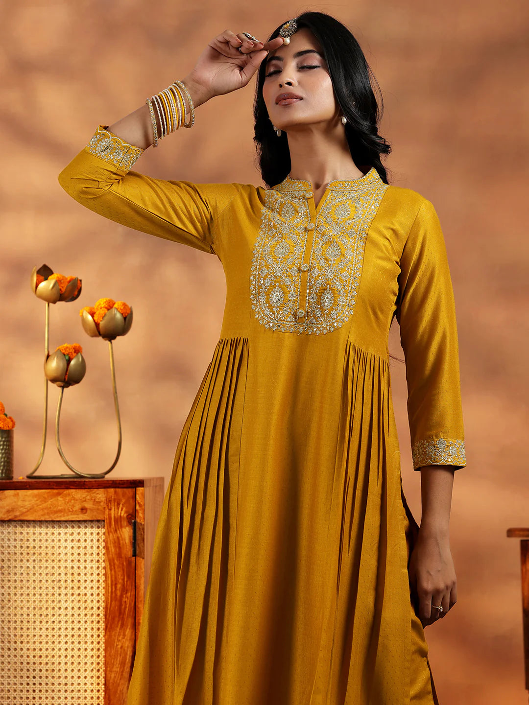 Mustard Yoke Design Silk Blend A-Line Kurta with Palazzos & Dupatta