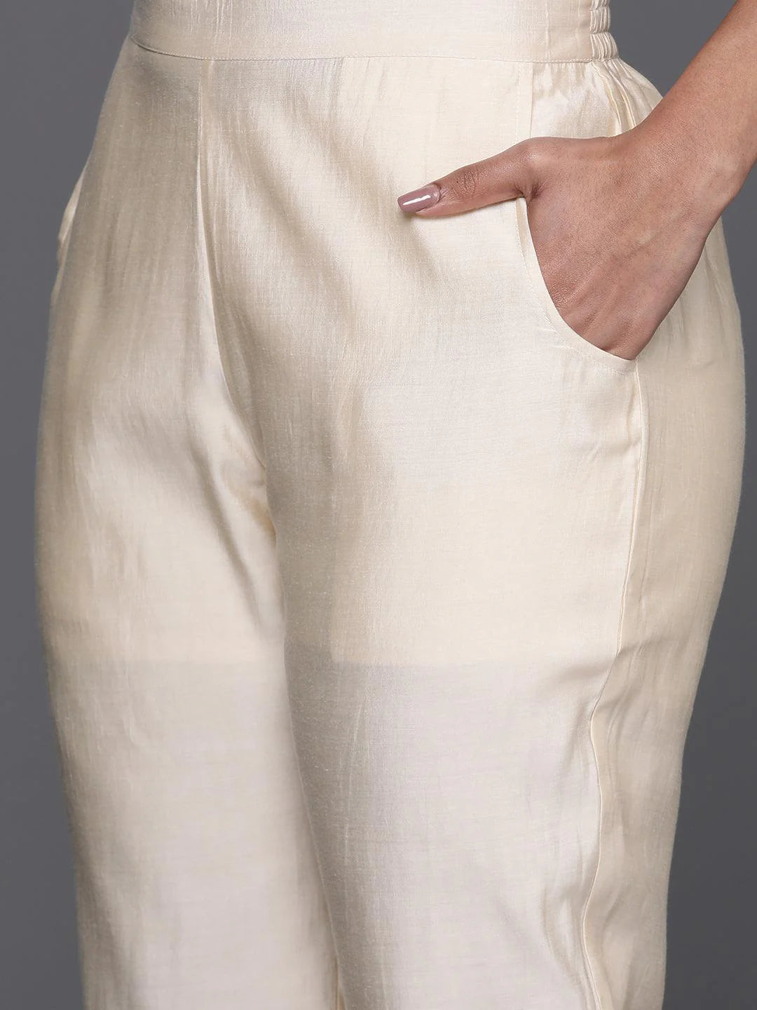 Beige Printed Chanderi Silk A-Line Kurta with Palazzos