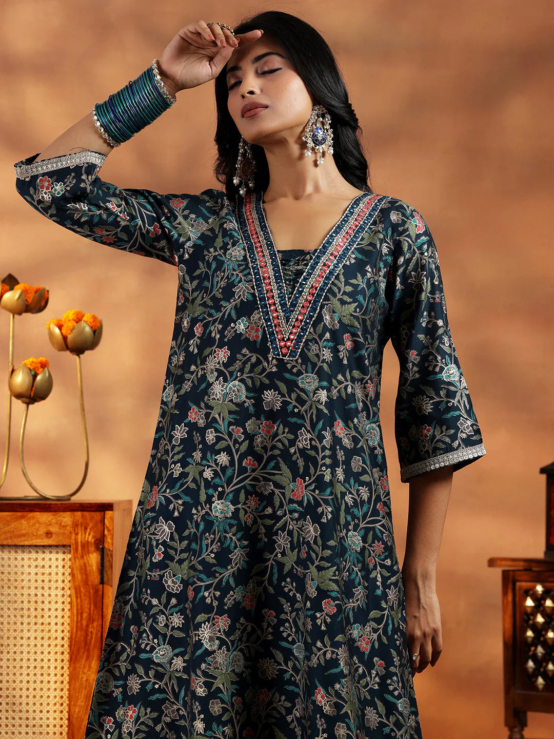 Blue Printed Silk Blend A-Line Kurta with Salwar & Dupatta