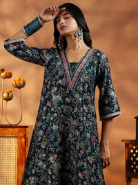 Blue Printed Silk Blend A-Line Kurta with Salwar & Dupatta