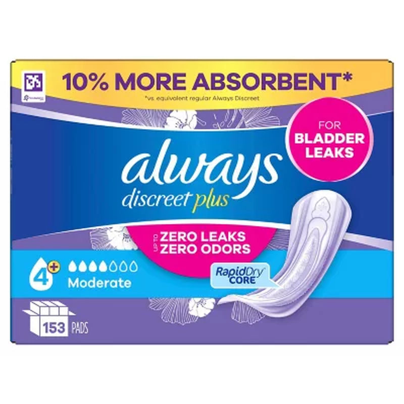 Always Discreet plus Incontinence Pads for Women, Moderate, 153 Ct.