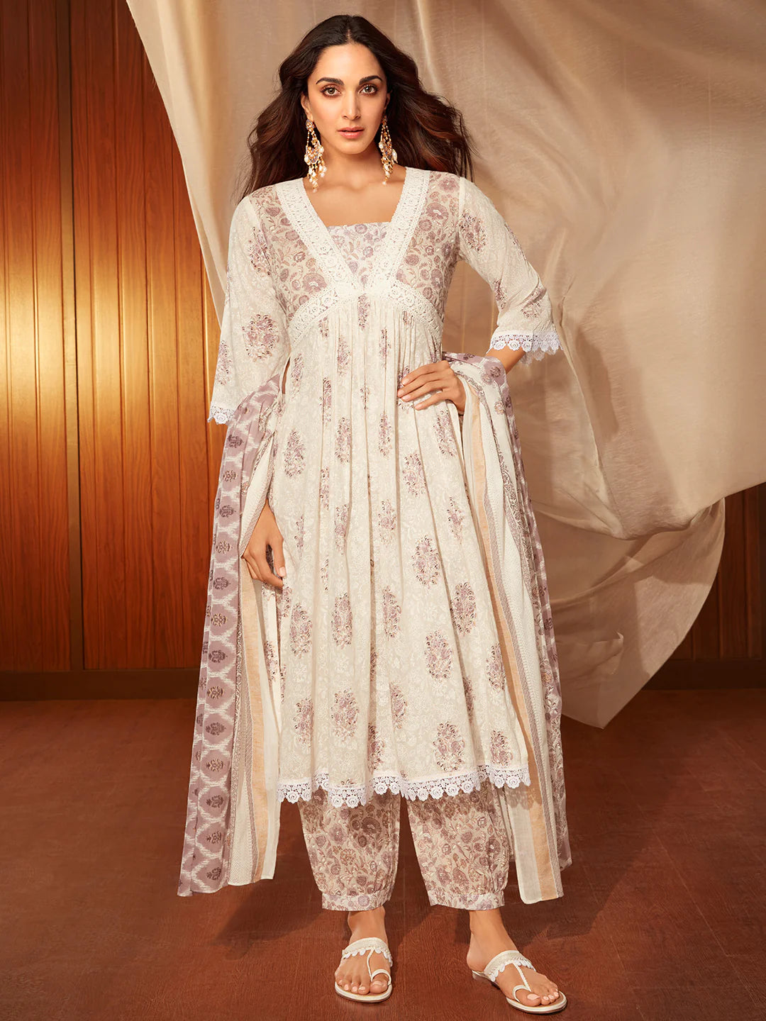 Saundarya White Printed Cotton A-Line Kurta with Salwar & Dupatta