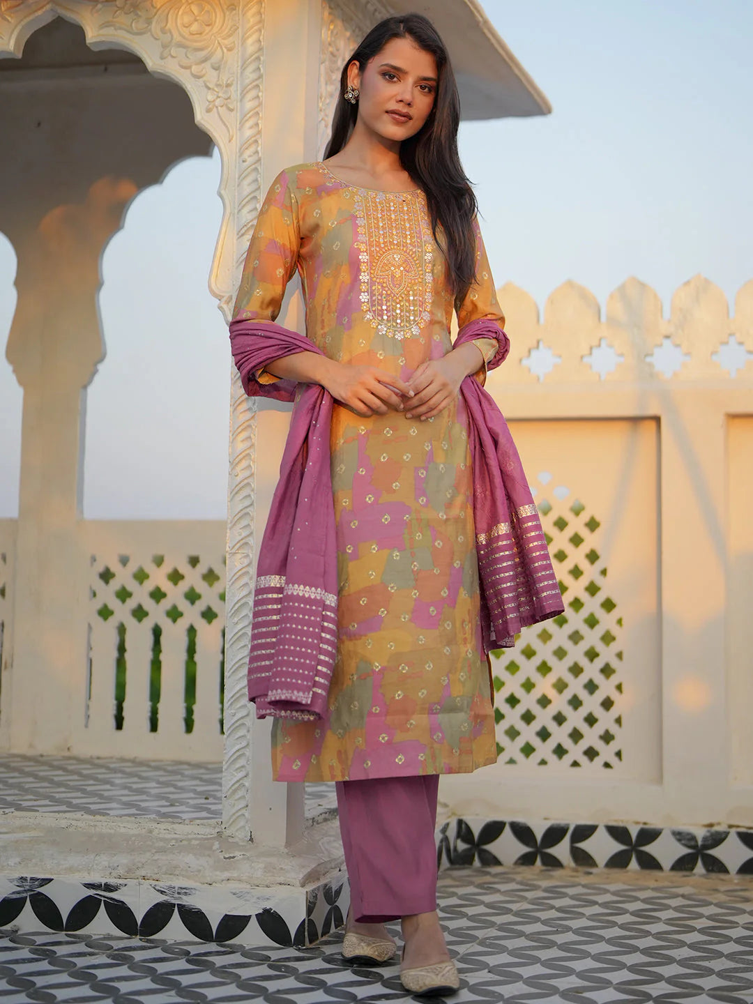 Multicoloured Printed Silk Blend Straight Suit with Dupatta