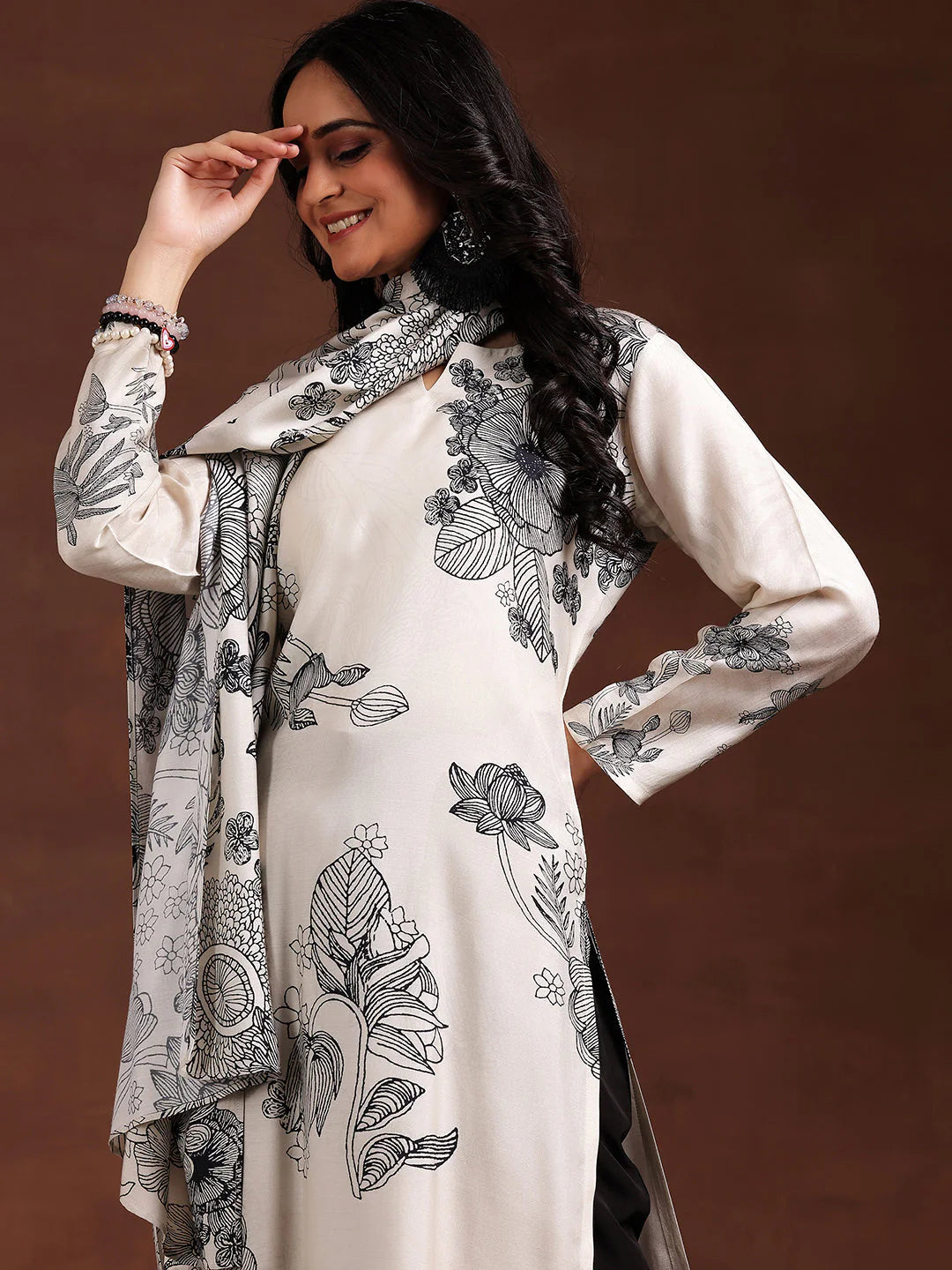 Monochrome Printed Silk Blend Straight Suit with Dupatta