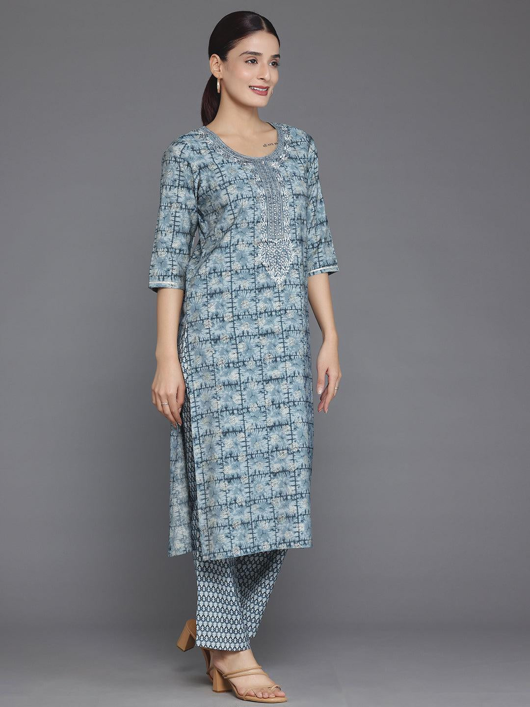 Grey Printed Silk Blend Straight Suit with Dupatta