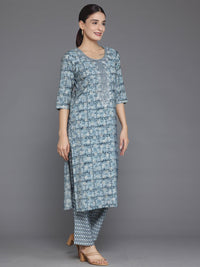 Grey Printed Silk Blend Straight Suit with Dupatta