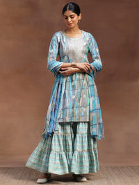 Blue Printed Silk Blend Straight Suit with Dupatta