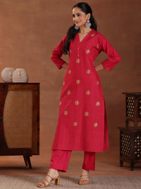 Pink Embroidered Cotton Straight Suit with Dupatta