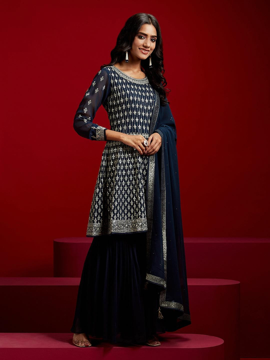 Libas Art Navy Blue Embroidered Georgette A-Line Kurta with Sharara & Dupatta