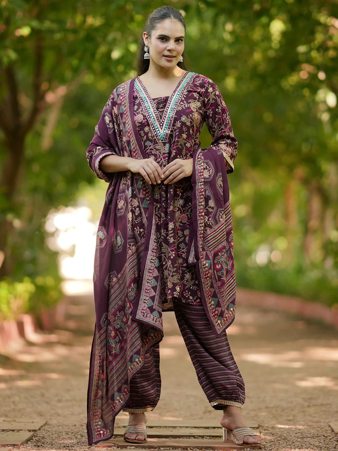 Wine Printed Silk Blend A-Line Kurta with Salwar & Dupatta