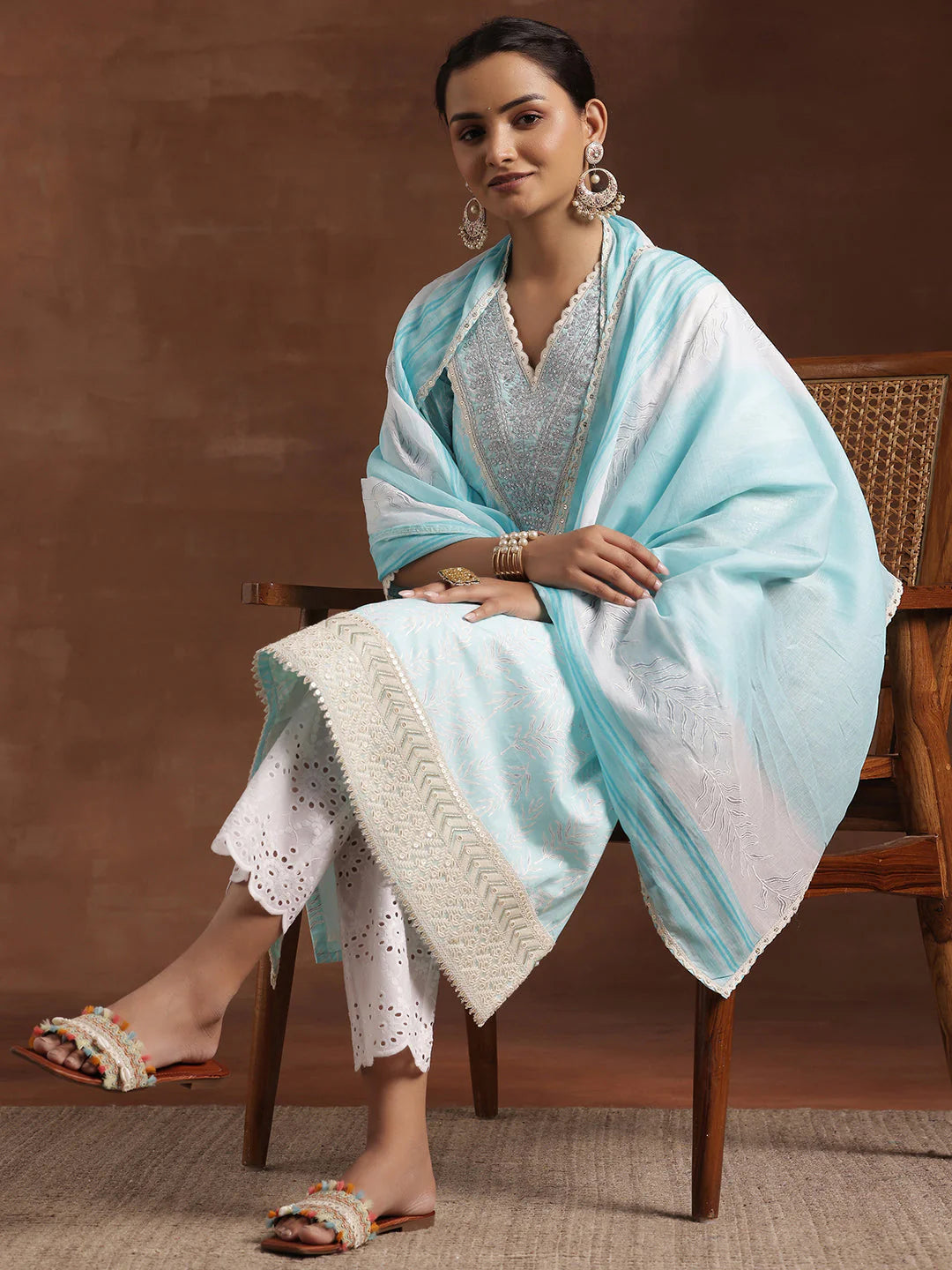 Blue Printed Cotton Straight Suit with Dupatta