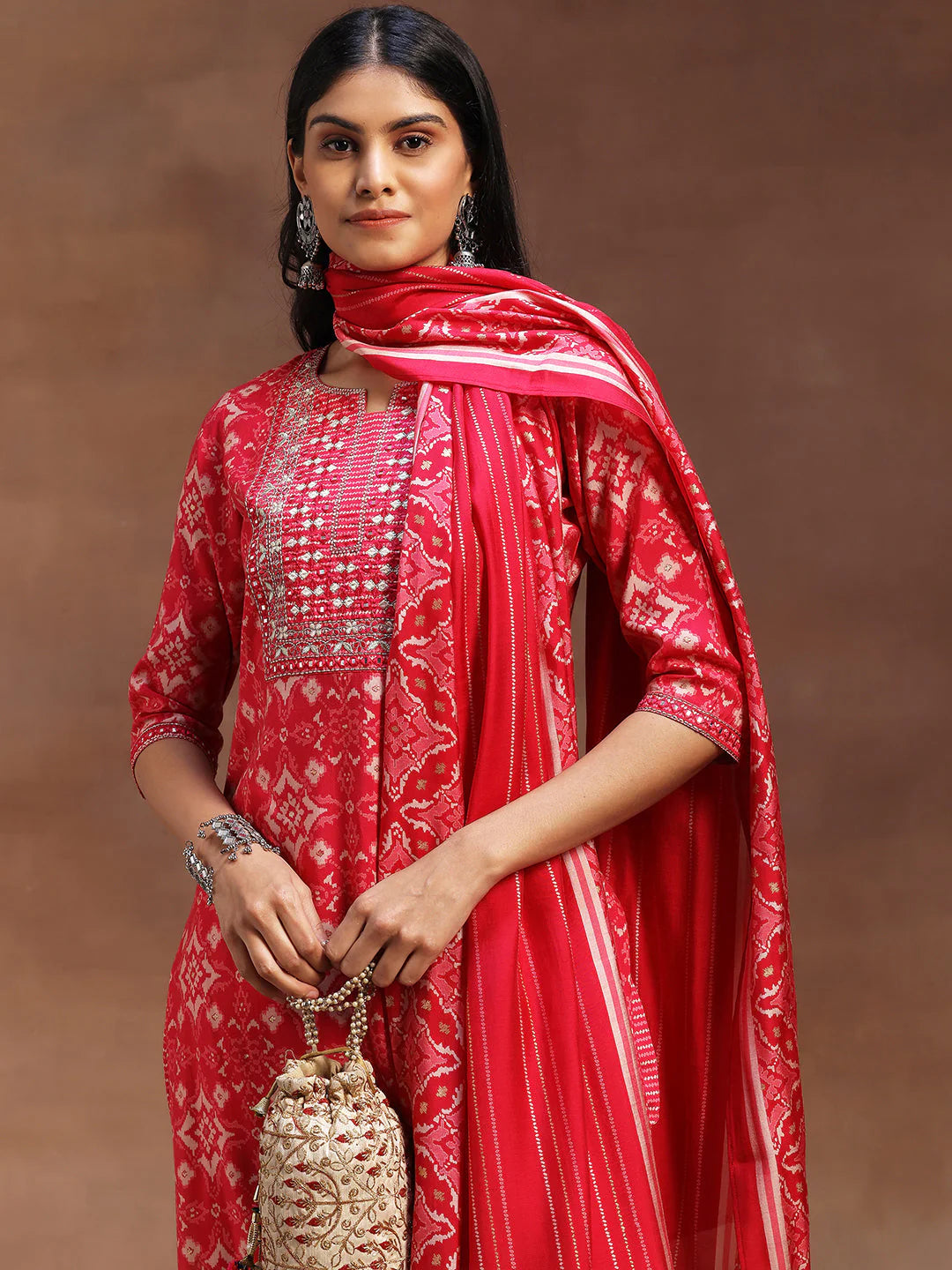 Pink Printed Silk Blend Straight Suit with Dupatta