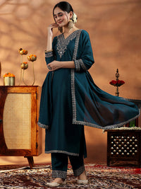 Teal Yoke Design Silk Blend Straight Suit with Dupatta