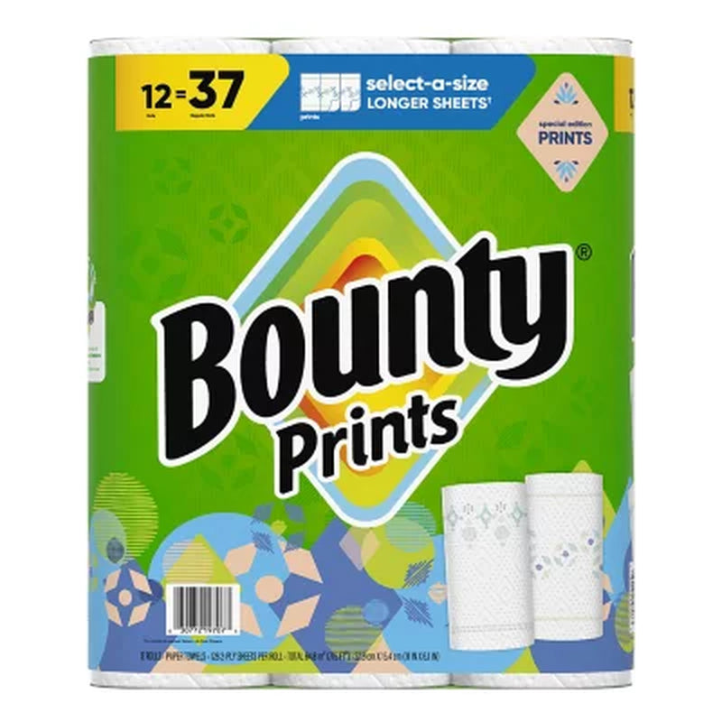 Bounty Prints Select-A-Size 2-Ply Paper Towels, 12 Rolls, 128 Sheets/Roll