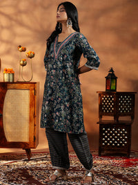Blue Printed Silk Blend A-Line Kurta with Salwar & Dupatta
