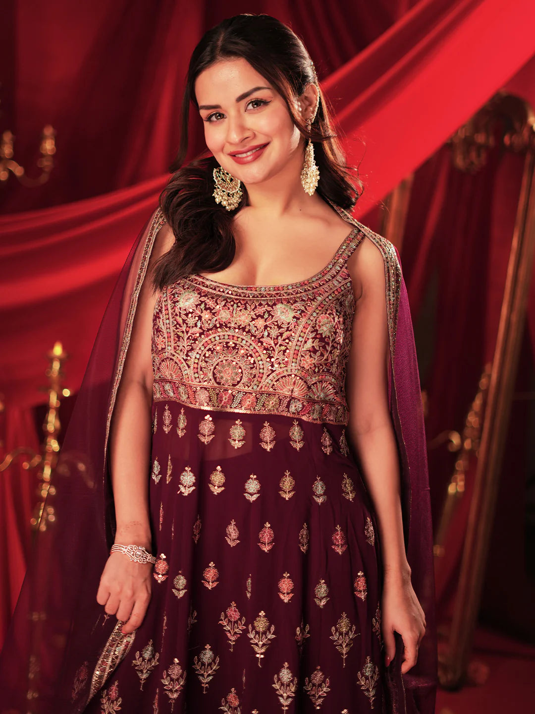 Surkh Libas Art Wine Embroidered Georgette A-Line Kurta with Palazzos & Dupatta