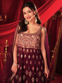 Surkh Libas Art Wine Embroidered Georgette A-Line Kurta with Palazzos & Dupatta