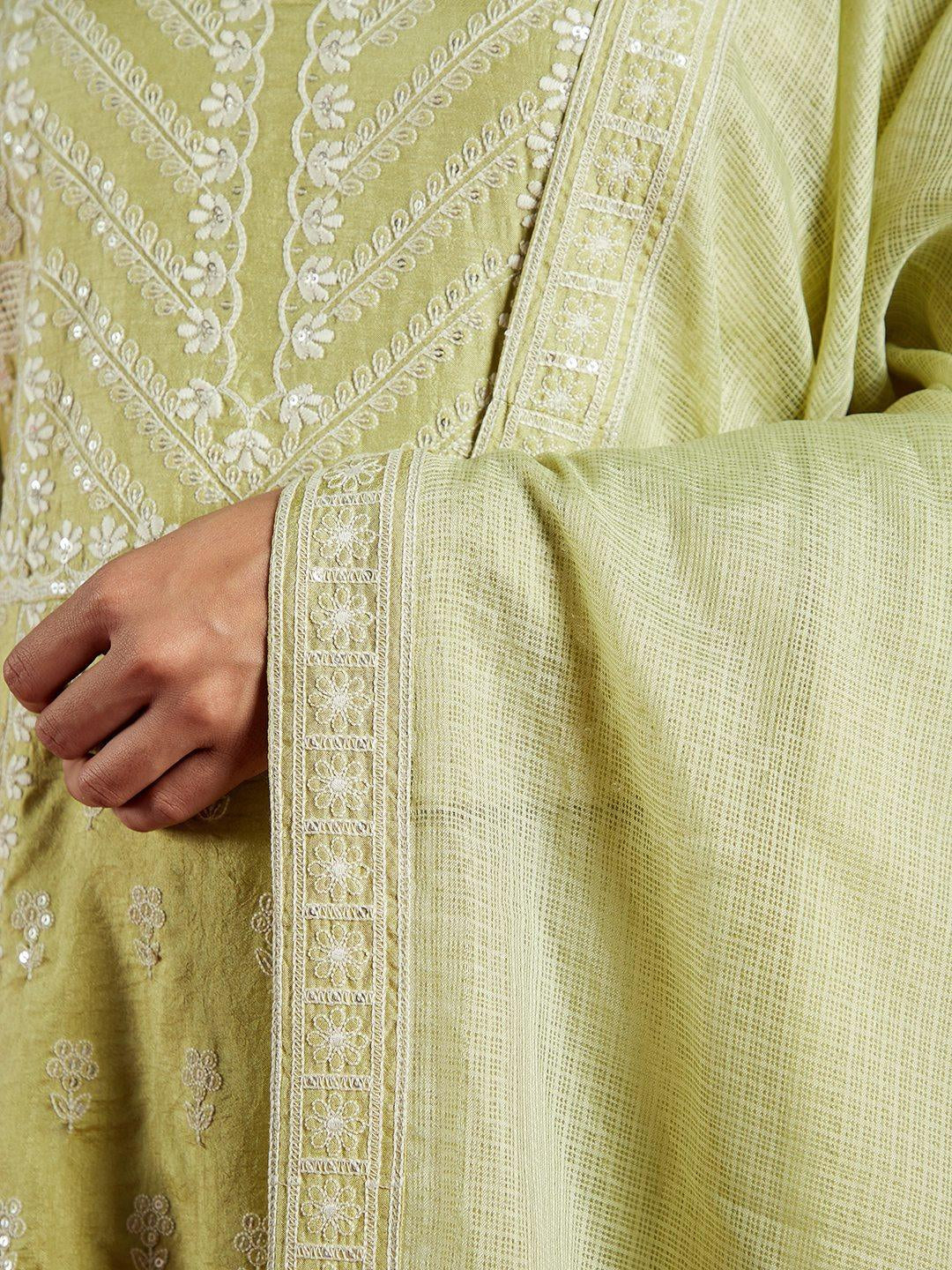 Libas Art Green Embroidered Silk A-Line Kurta with Trousers & Dupatta