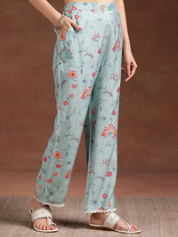 Blue Printed Silk Blend A-Line Kurta with Trousers