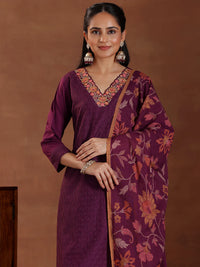 Wine Embroidered Cotton Straight Suit with Dupatta