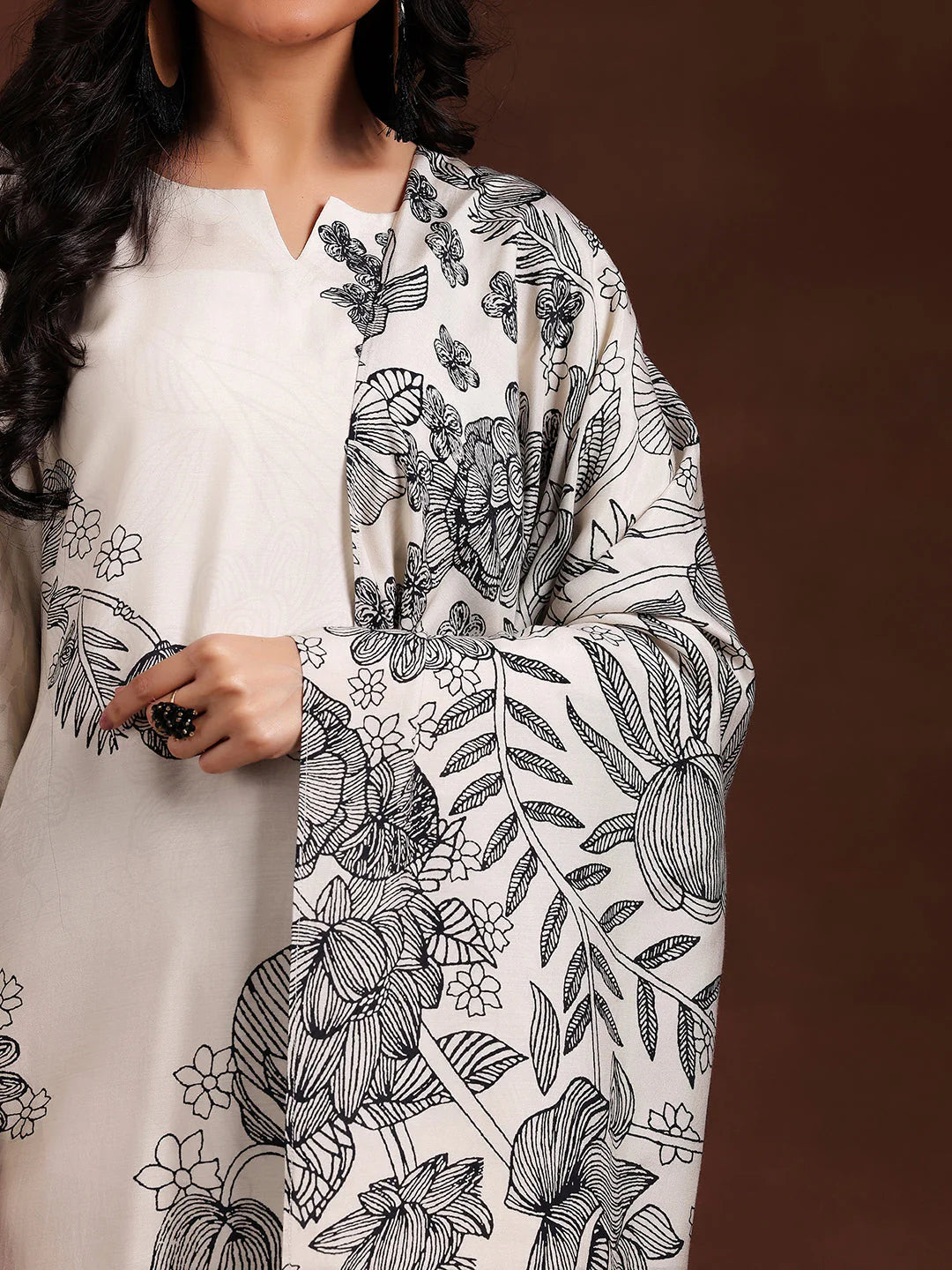 Monochrome Printed Silk Blend Straight Suit with Dupatta