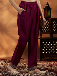 Maroon Yoke Design Silk Blend A-Line Kurta with Palazzos & Dupatta