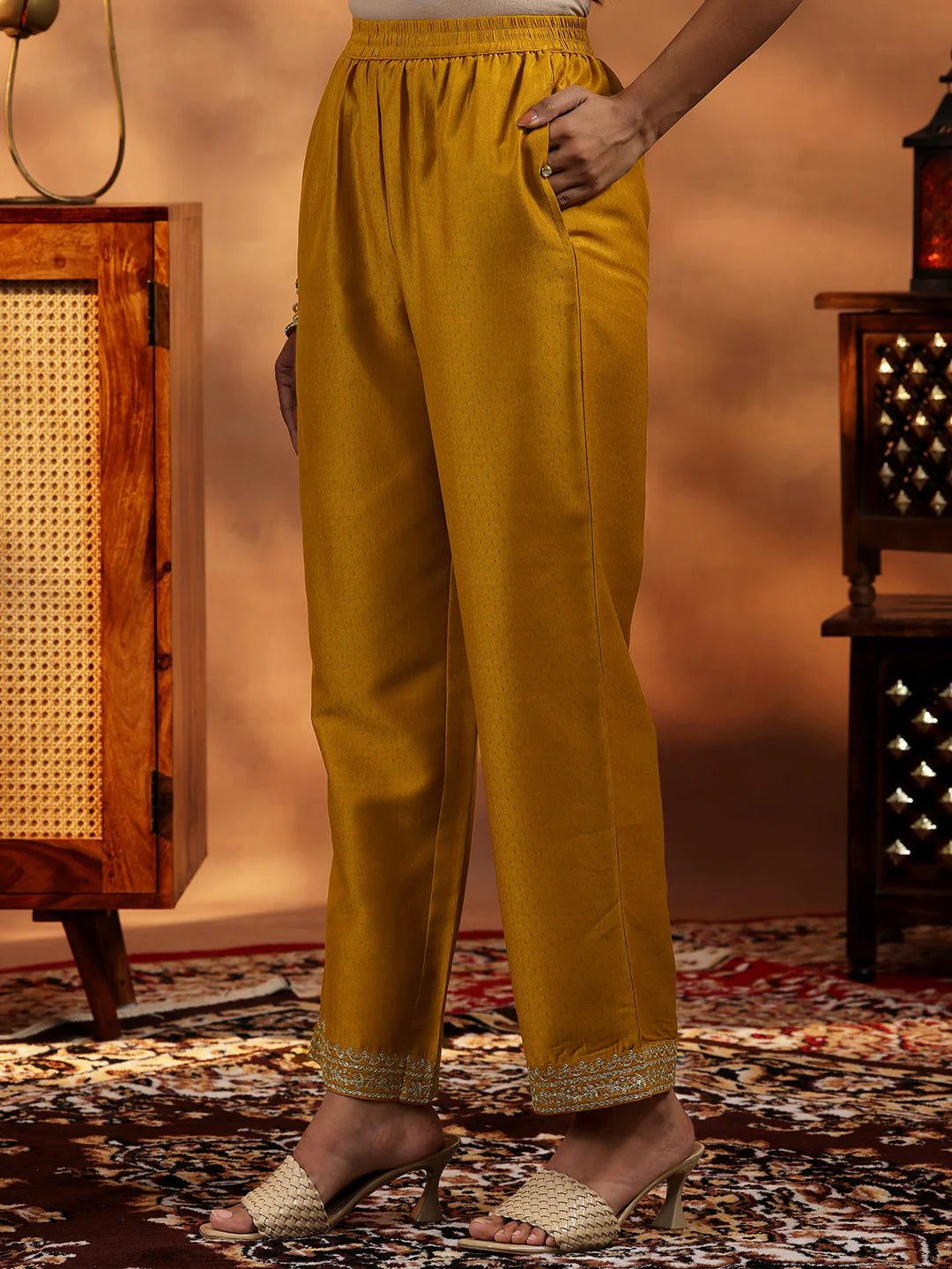 Mustard Yoke Design Silk Blend A-Line Kurta with Palazzos & Dupatta