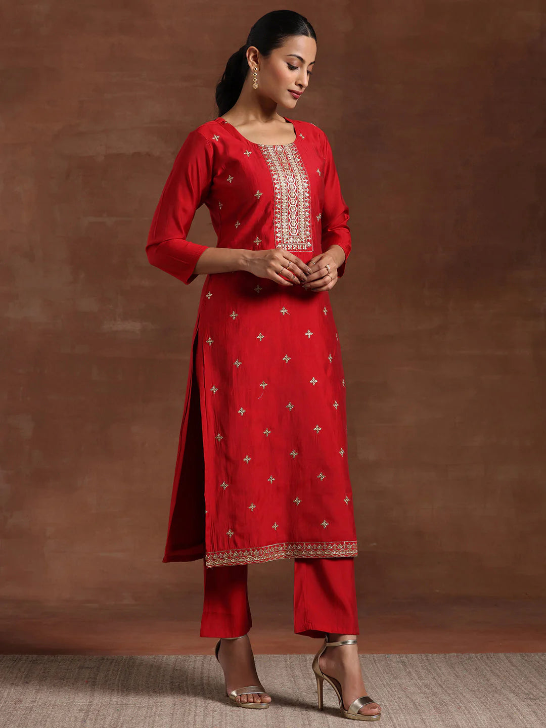 Maroon Self Design Silk Blend Straight Suit with Dupatta