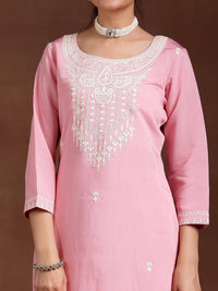 Pink Embroidered Silk Blend Straight Suit with Dupatta