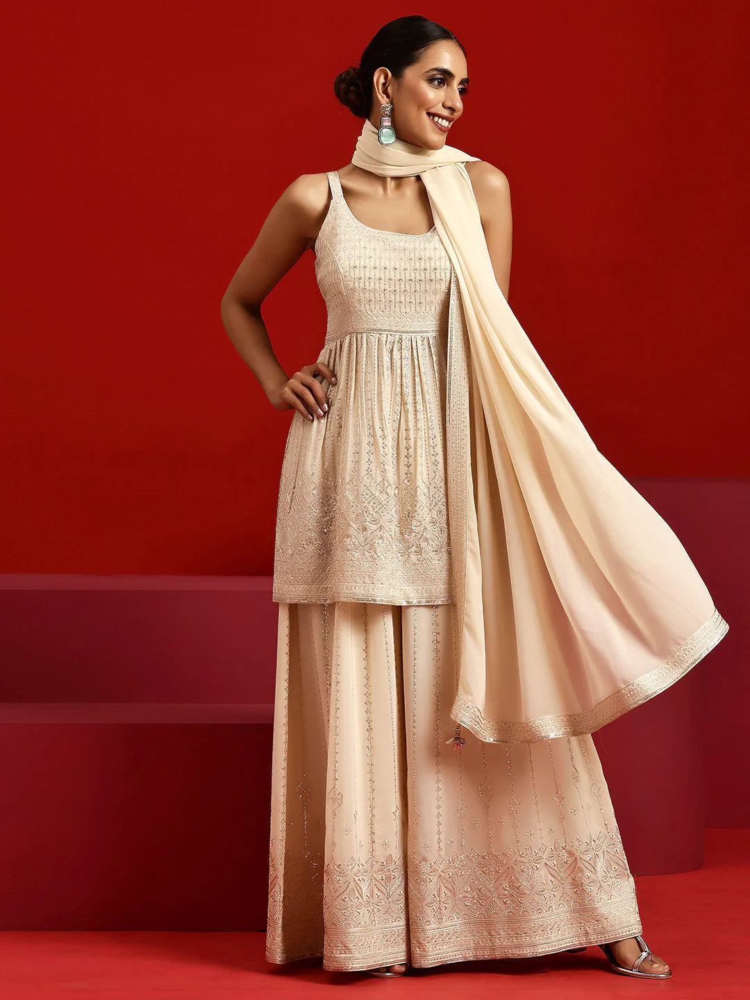 Libas Art Beige Embroidered Georgette A-Line Kurta with Palazzos & Dupatta