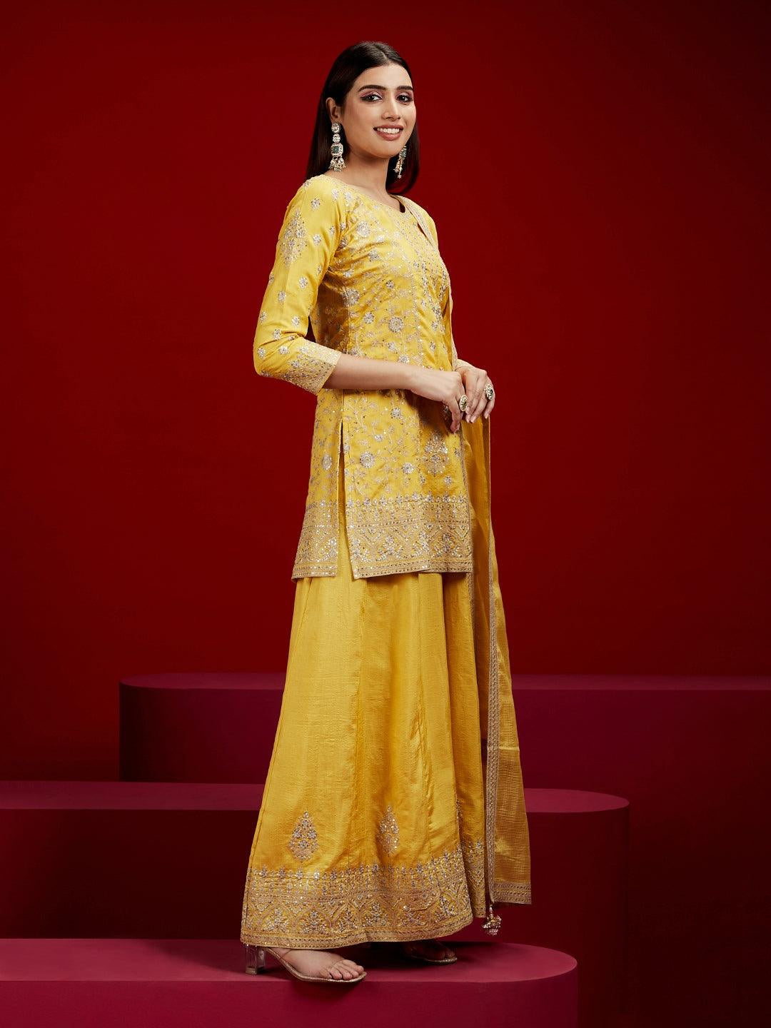Libas Art Yellow Embroidered Silk Straight Suit with Dupatta