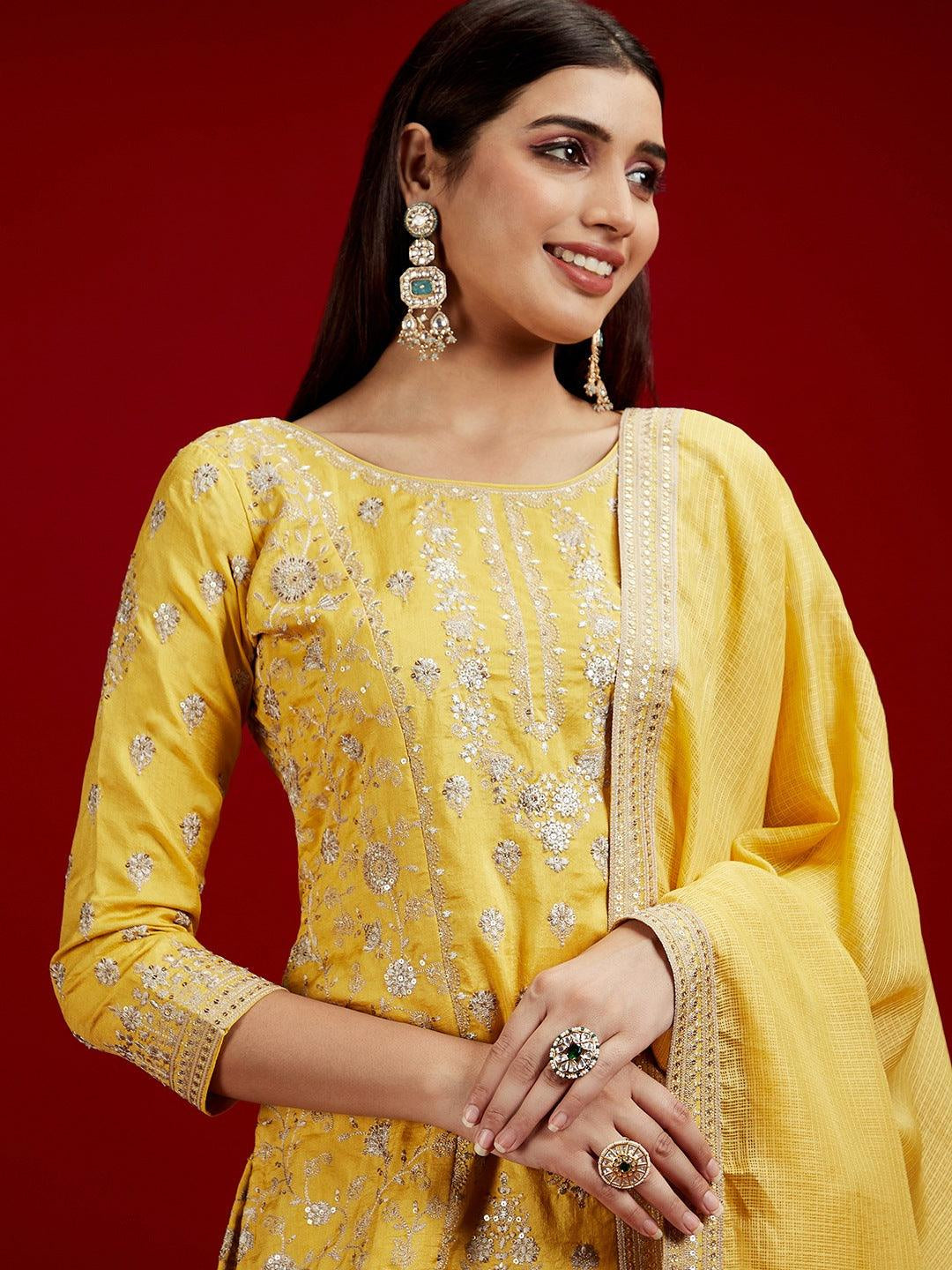 Libas Art Yellow Embroidered Silk Straight Suit with Dupatta