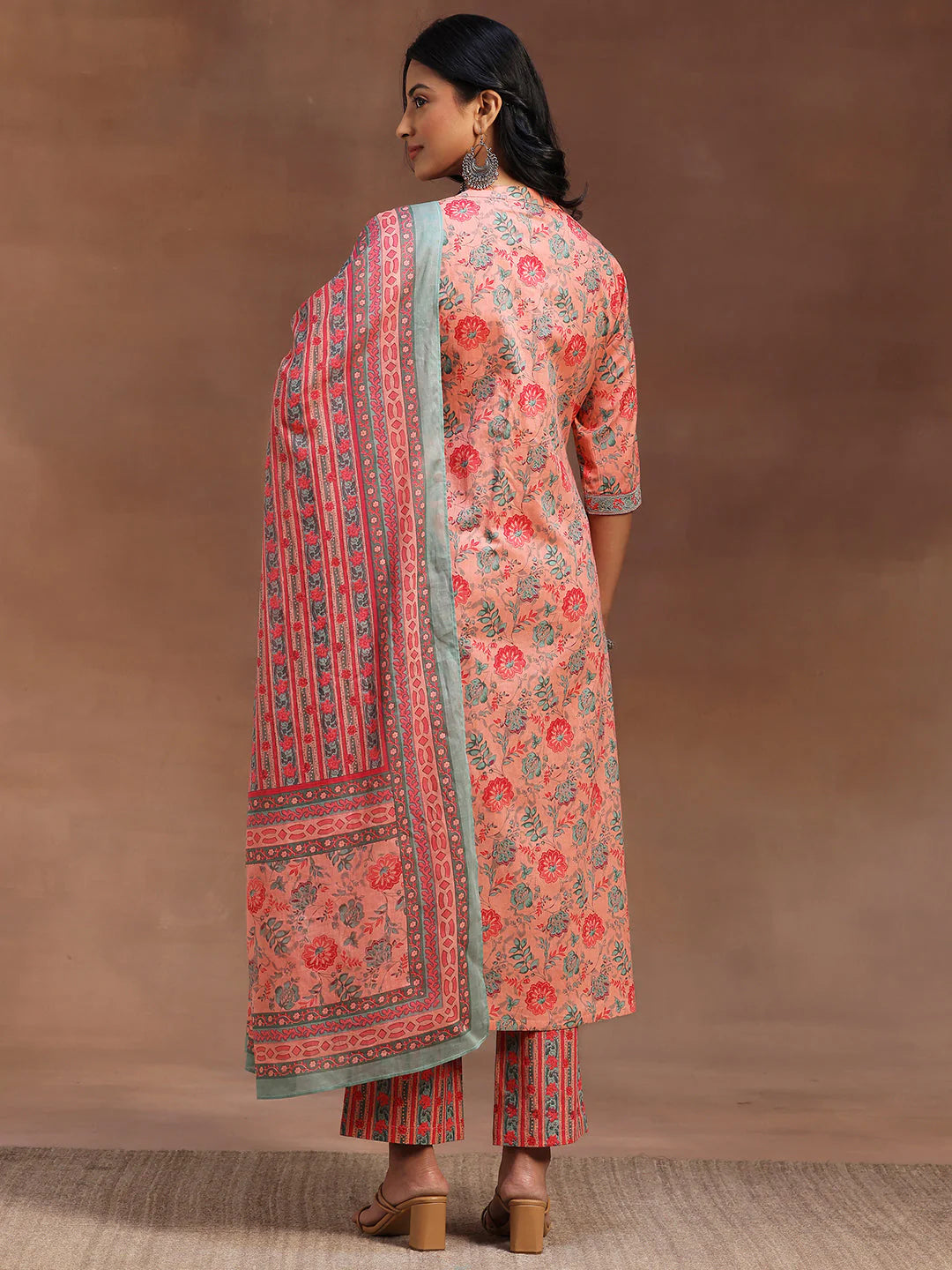Peach Printed Cotton A-Line Kurta with Trousers & Dupatta