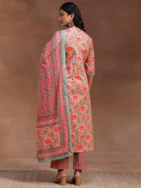 Peach Printed Cotton A-Line Kurta with Trousers & Dupatta
