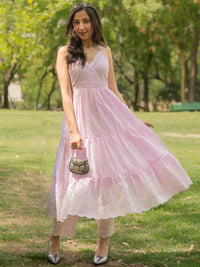 The Kiara Cut Pink Self Design Cotton Anarkali Kurta with Trousers