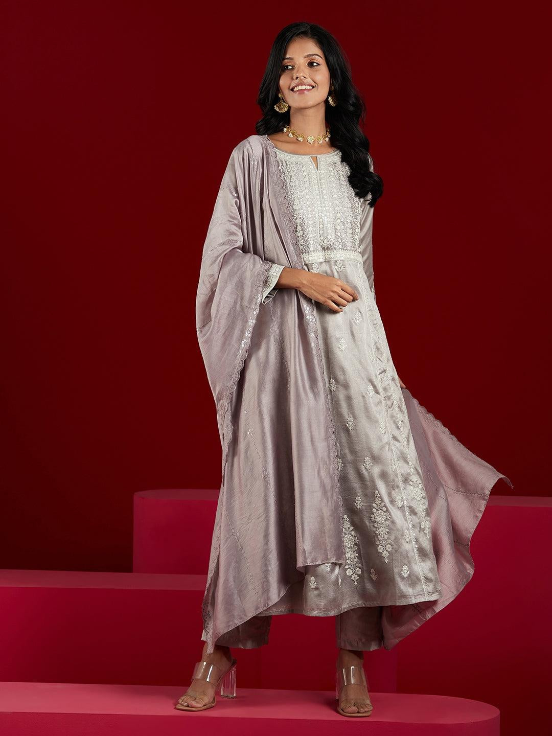 Libas Art Taupe Embroidered Silk Blend A-Line Kurta with Trousers & Dupatta