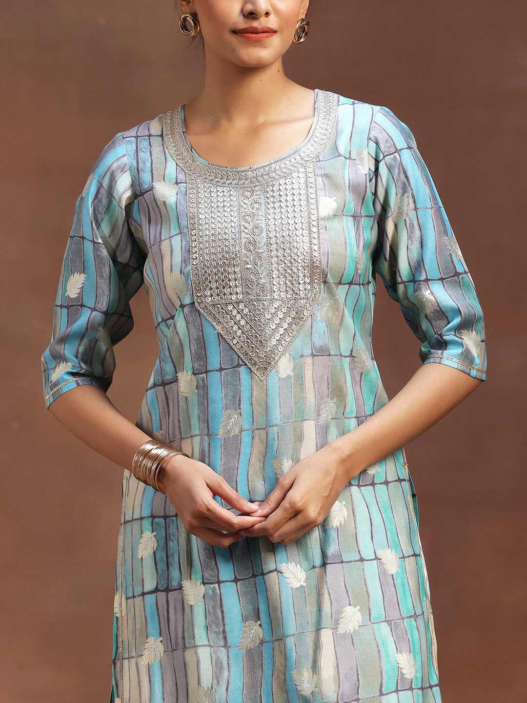 Blue Printed Silk Blend Straight Suit with Dupatta