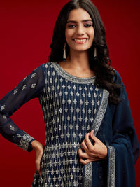 Libas Art Navy Blue Embroidered Georgette A-Line Kurta with Sharara & Dupatta