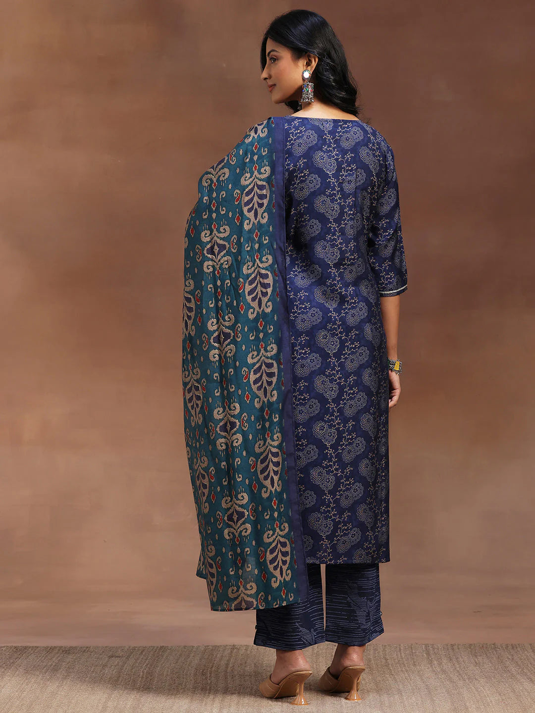 Blue Printed Silk Blend Straight Suit with Dupatta