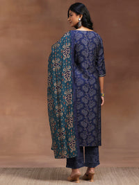 Blue Printed Silk Blend Straight Suit with Dupatta