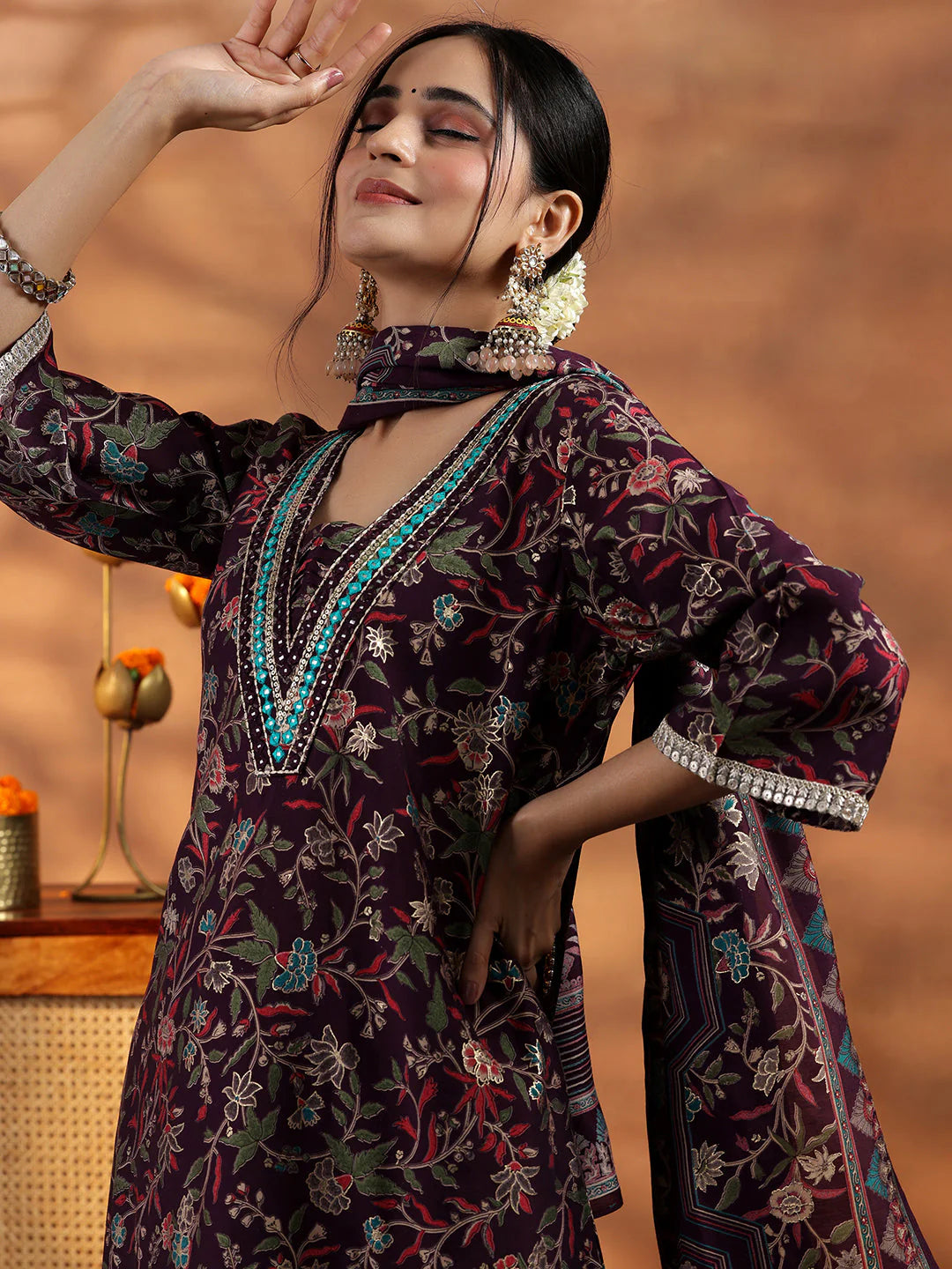 Wine Printed Silk Blend A-Line Kurta with Salwar & Dupatta