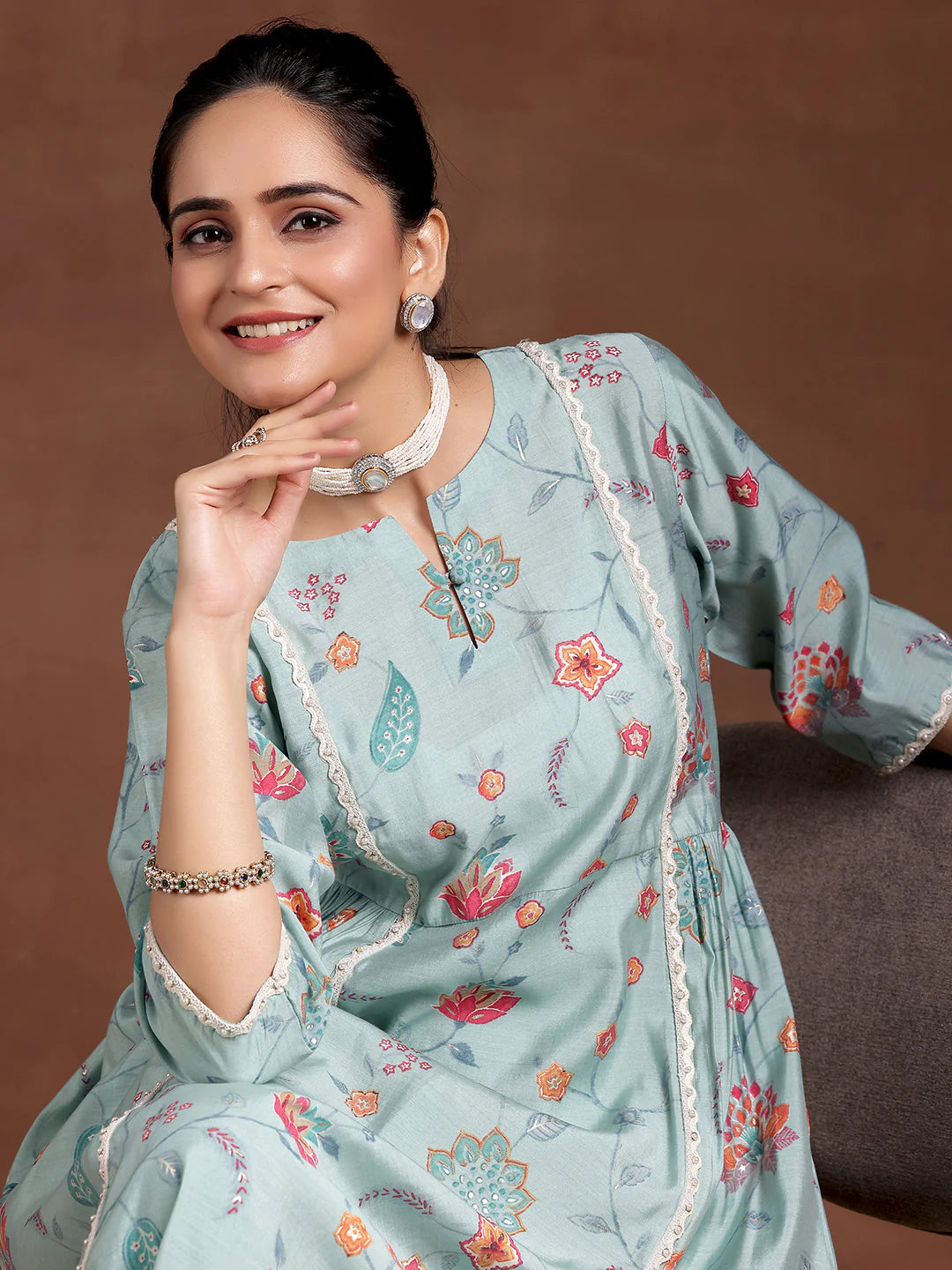 Blue Printed Silk Blend A-Line Kurta with Trousers