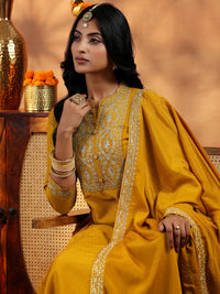 Mustard Yoke Design Silk Blend A-Line Kurta with Palazzos & Dupatta